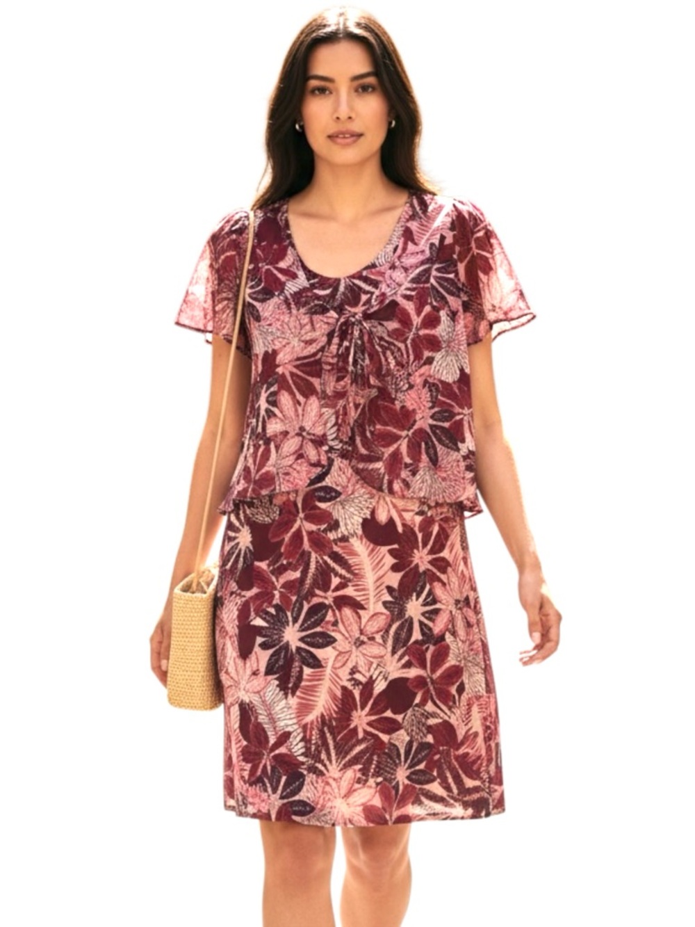 R & M Richard’s Short Floral Sleeveless Dress with‎ Overlay, Burgandy, Size 16